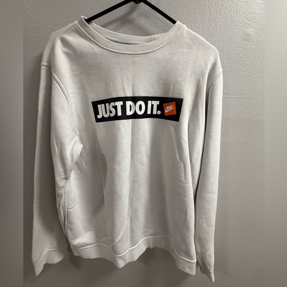 Nike White Crewneck Sweatshirt with Black 'JUST DO IT.' and Orange Logo
